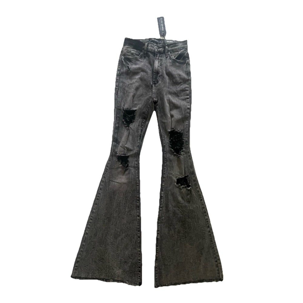 GJG Denim Distressed Flare Jeans Women's Size 3 24x33 NWT High Rise Black